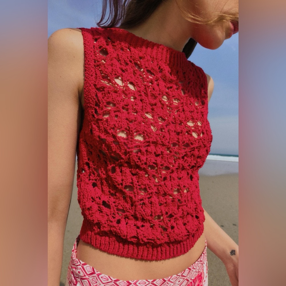 NWT L ZARA Knit Festival TOP Mesh Sheer Tannk